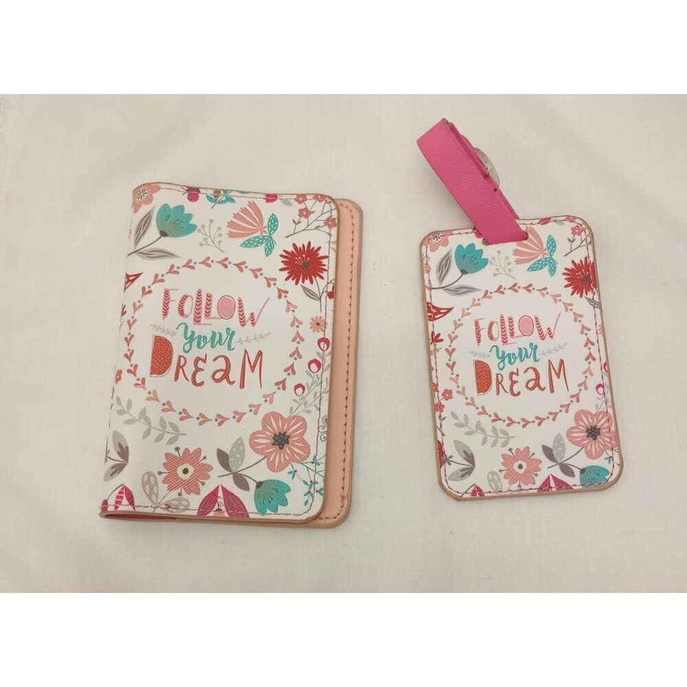 Passport holder & luggage tag set. Floral. Pink, travel accessories